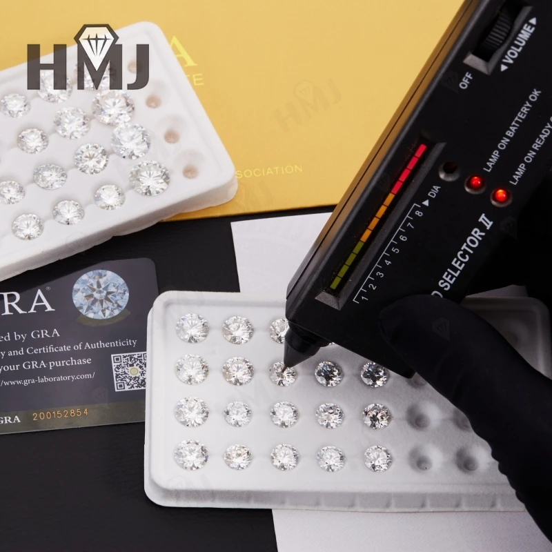 HMJ 0,1-13 Karat Moissanit-Stein, runde Form, Farbe D, Reinheit VVS1, Brillantschliff, Diamanttester-geprüft, mit GRA-Zertifikat, Perlen – Detail 38