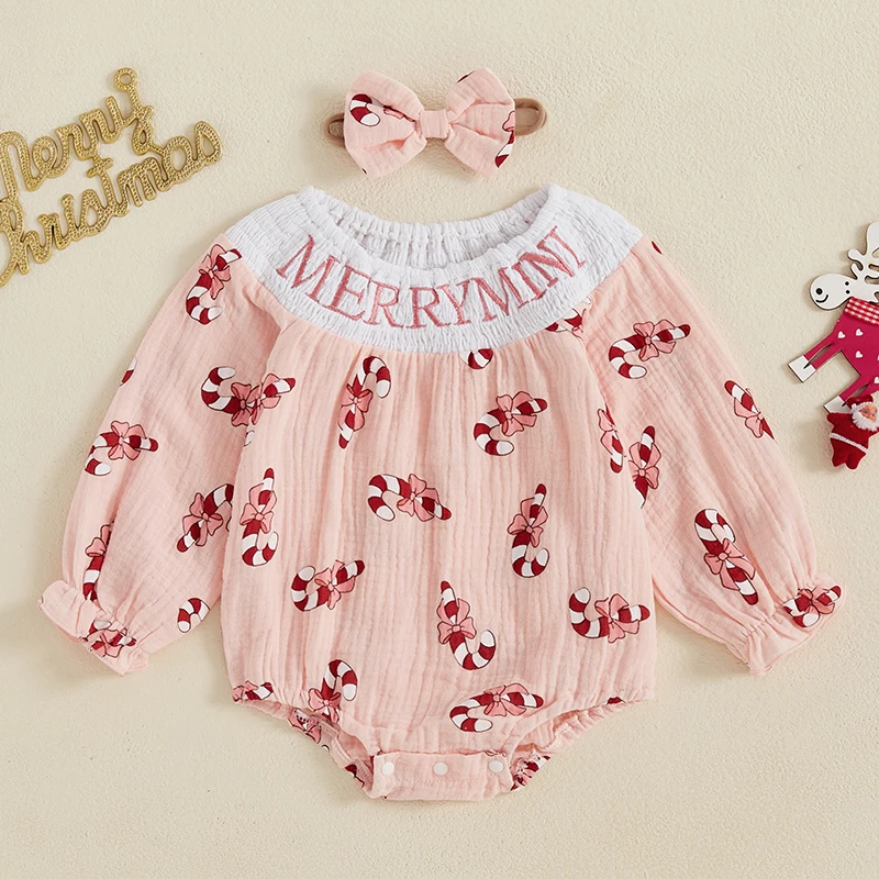 Lovely Autumn Newborn Baby Girls Christmas Rompers Clothes Candy Cane Print Long Sleeve Letter Smocked Jumpsuits Headband