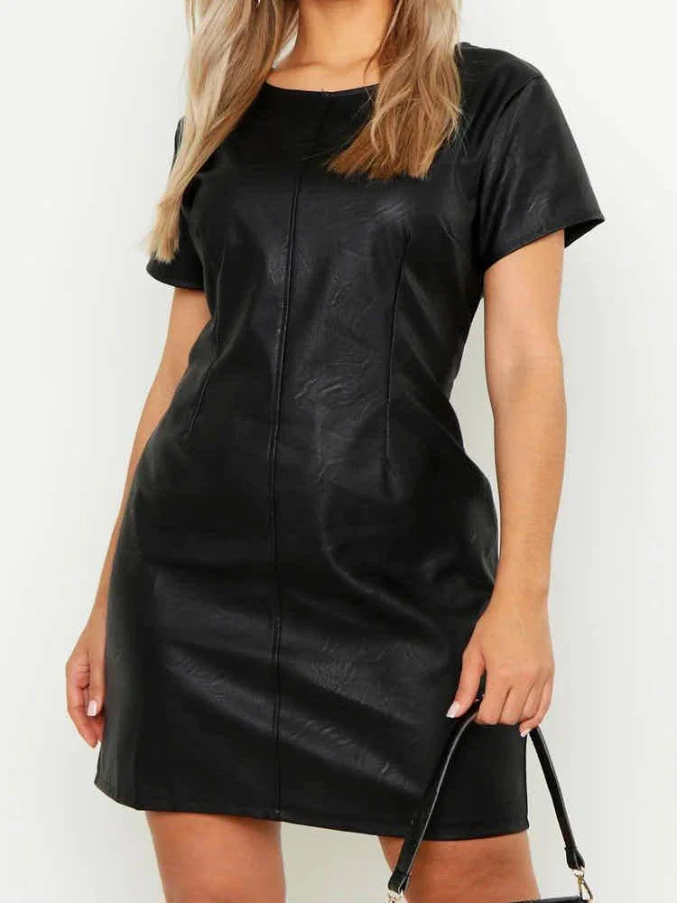 Black Matte Faux Leather Women Mini Dresses Ladies Casual Short Sleeve Splicing Stretch PU Dress Party Summer Chic Loose Dress