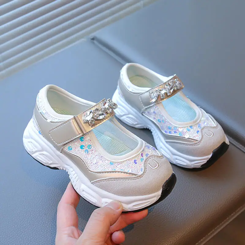 

Fashion Sequin Cloth Velcro Sneakers Girl 2025 Autumn Glitter Decoration Soft Thick Bottom Silver Sports Shoes Non Slip Sneakers