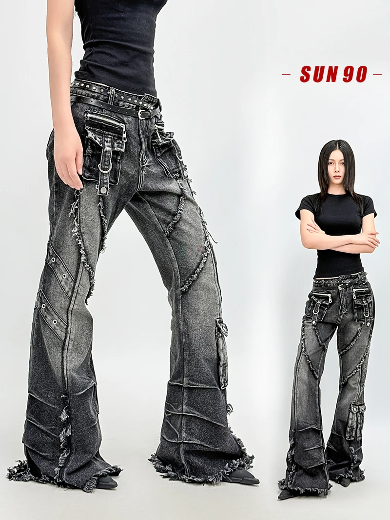 

Punk Sle Y2K American Hot Girl Vintage Waed 3D Denim Jeans Women's Micro Flared Long Trousers Deep Blue l Waist Sli...