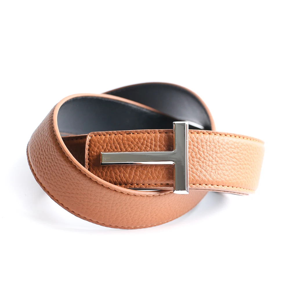 Top Luxury Designer Brand Brass T Buckle Belt Men High Quality Women Genuine Real Leather Dress Strap for Jeans Waistband Grey