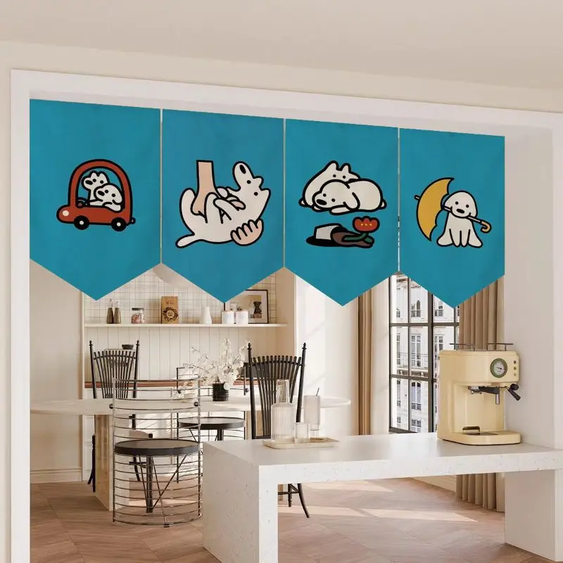 Simple Line Cartoon Puppy Triangle Flag Curtain, Pet Themed Cafe Kitchen Door Decoration Home Decor