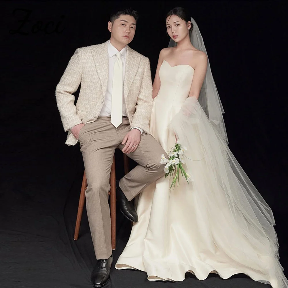 

Zoci Sweetheart Satin A Line Wedding Dresses Korea Customized Photos Shoot Corset Floor-Length Sweep Train Bridal Gown Backless