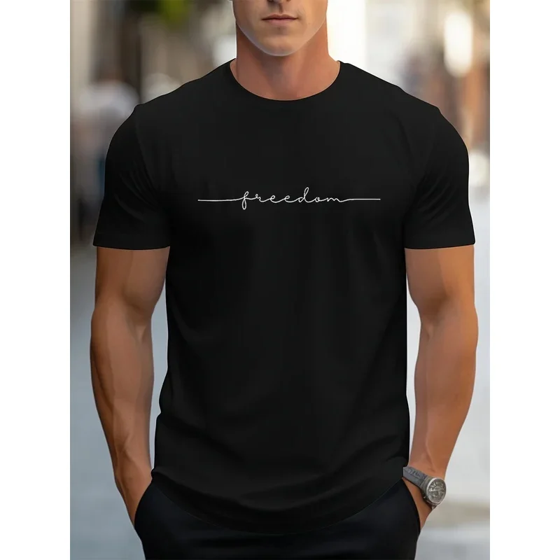 Men's 100% Cotton Summer Fashionable Casual Loose Plus Size Freedom Graphic Printed Sports Round Neck Short Sleeved T-shirt Top