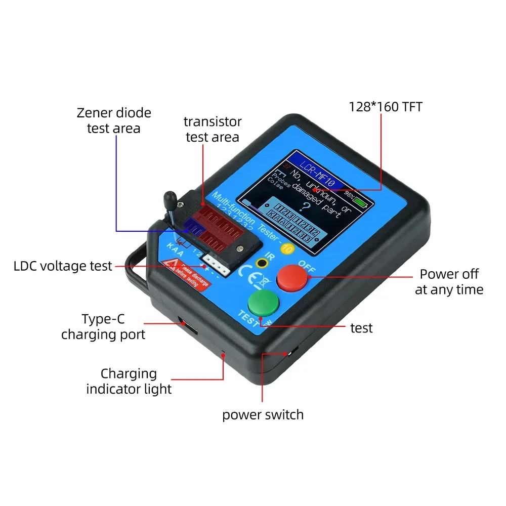 LCR-MF10 128*160TFT Transistor Tester Capacitor/Inductor/Resistor/Diode/Zener/SMD Test LCR Meter with Auto Recognition