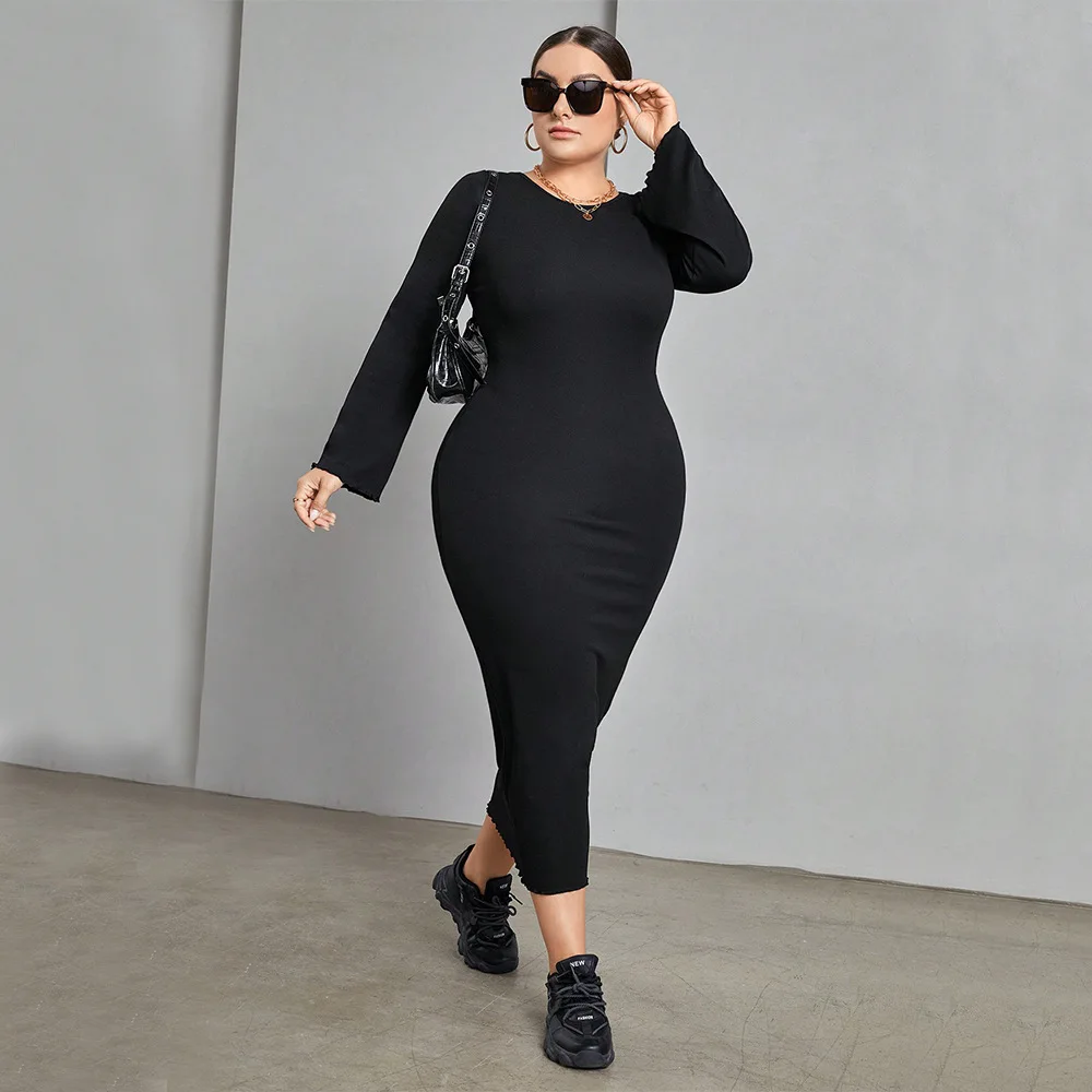 Plus Size Women Dresses 2023 Autumn Winter Fashion Knitted Sexy Backless Dress Casual Solid Color Long Sleeve Elegant Dresses