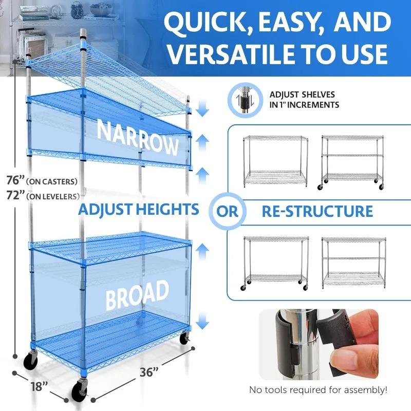 Crescent, Chrome  Garage Shelving, 5 Tier Wire Shelving Rack for Kitchen Storage, Heavy Duty Shelving for Home Storage