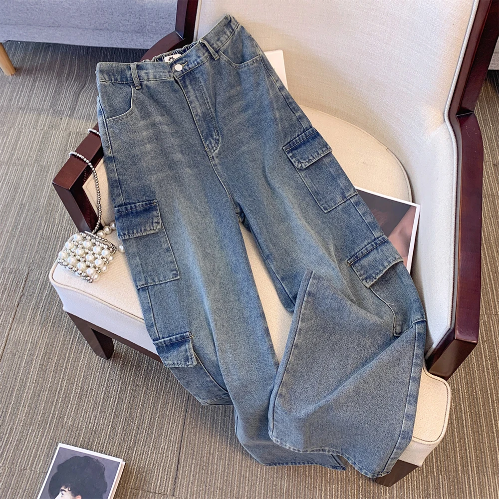 Fall 2024 new street style plus size jeans women\'s casual pants Gray all-in-one overalls multi-pocket commuter denim pants