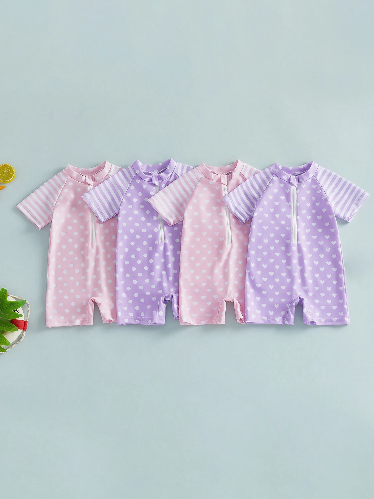 Adorable Infant Girl  Swimsuit with Short Sleeves Crew Neck Polka Dot and Striped Print Front Zipper Closure