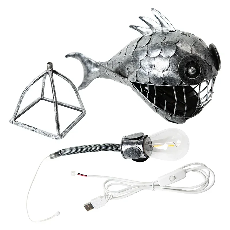 Vintage Angler Fish Desk Lamp Shark Shape Night Light USB Metal Art Lantern Ornament Bedroom Home Table Decoration for Gift