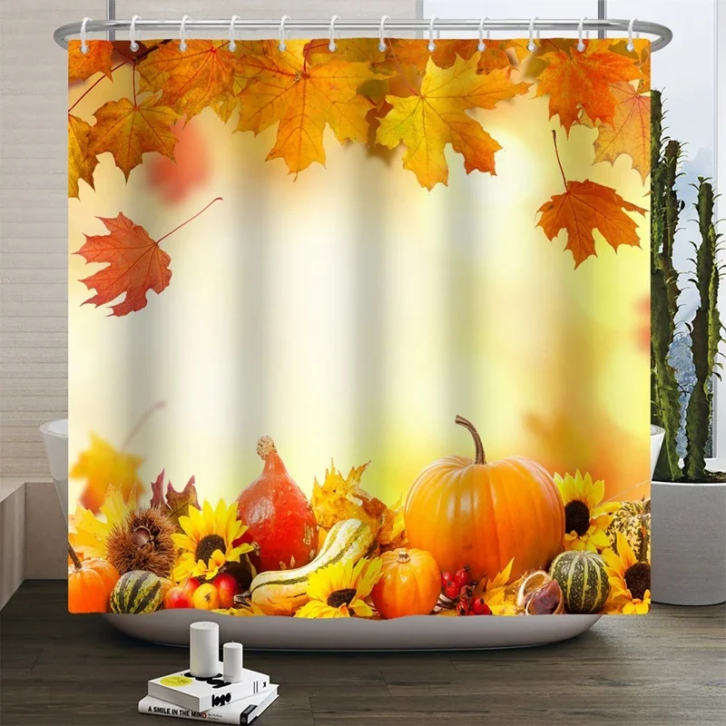 Hello Fall Shower Curtain Autumn Maple Leaves Pumpkin Bathroom Decor Polyester Fabric Cloth Shower Curtain With Hooks Room Decor