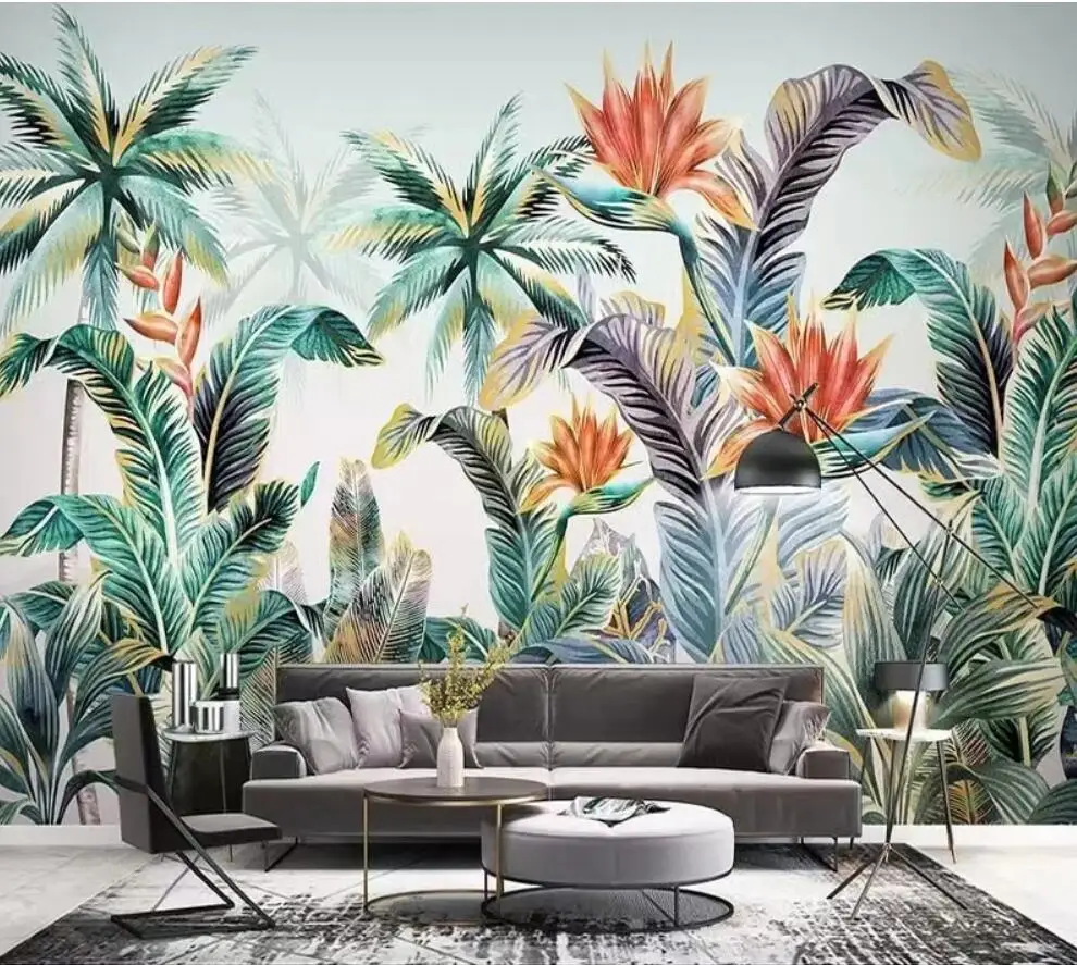 

Custom HD mural small fresh hand-painted Nordic tropical plant Flamingos watercolor plant leaves bedroom living room wallpaper