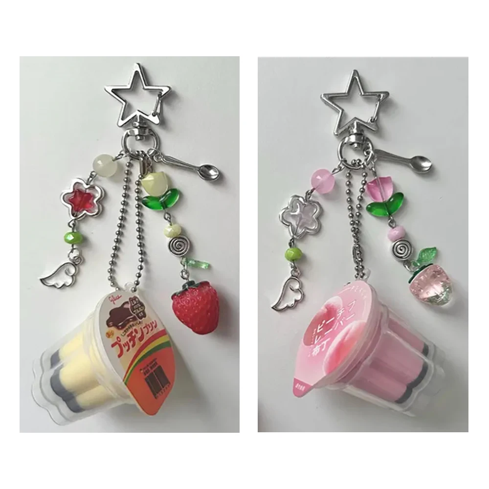 LLavero de pudín japonés de moda, colgante de Flan de huevo amarillo rosa, accesorios de decoración colgante de bolso con cuentas estéticas Retro Y2K Heisei