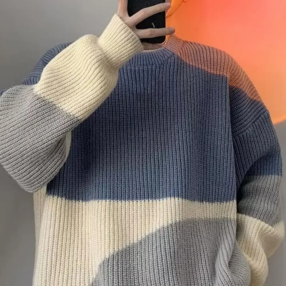 Men Sweater Contrast Color Crew Neck Ribbed Loose Fit Long Sleeves Coldproof Comfy Autumn Winter Knitted Pullover Sweater