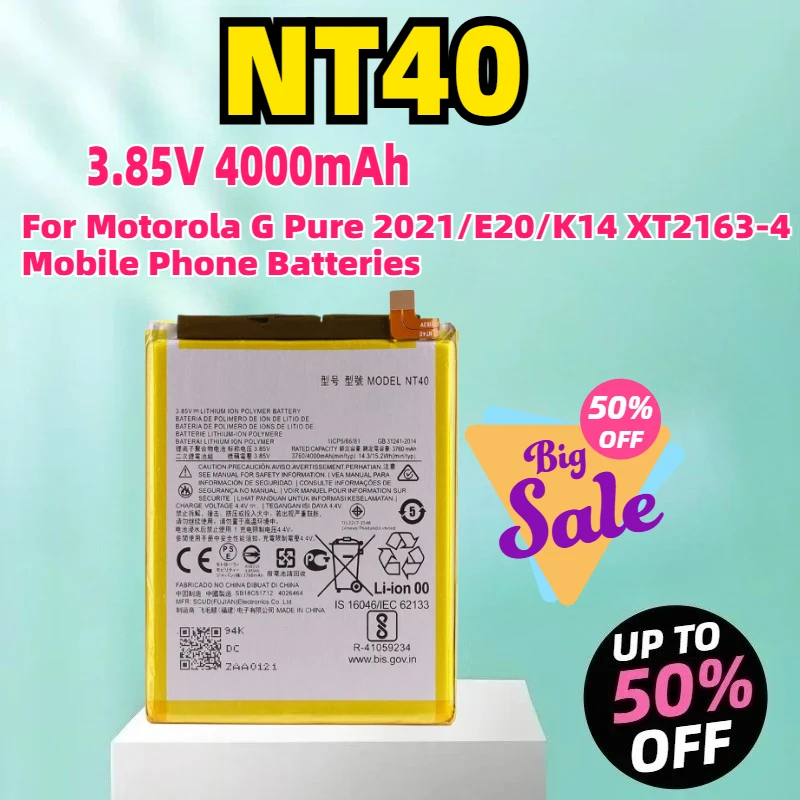 

NT40 3.85V 4000mAh Battery For Motorola G Pure 2021/E20/K14 XT2163-4 Mobile Phone Batteries