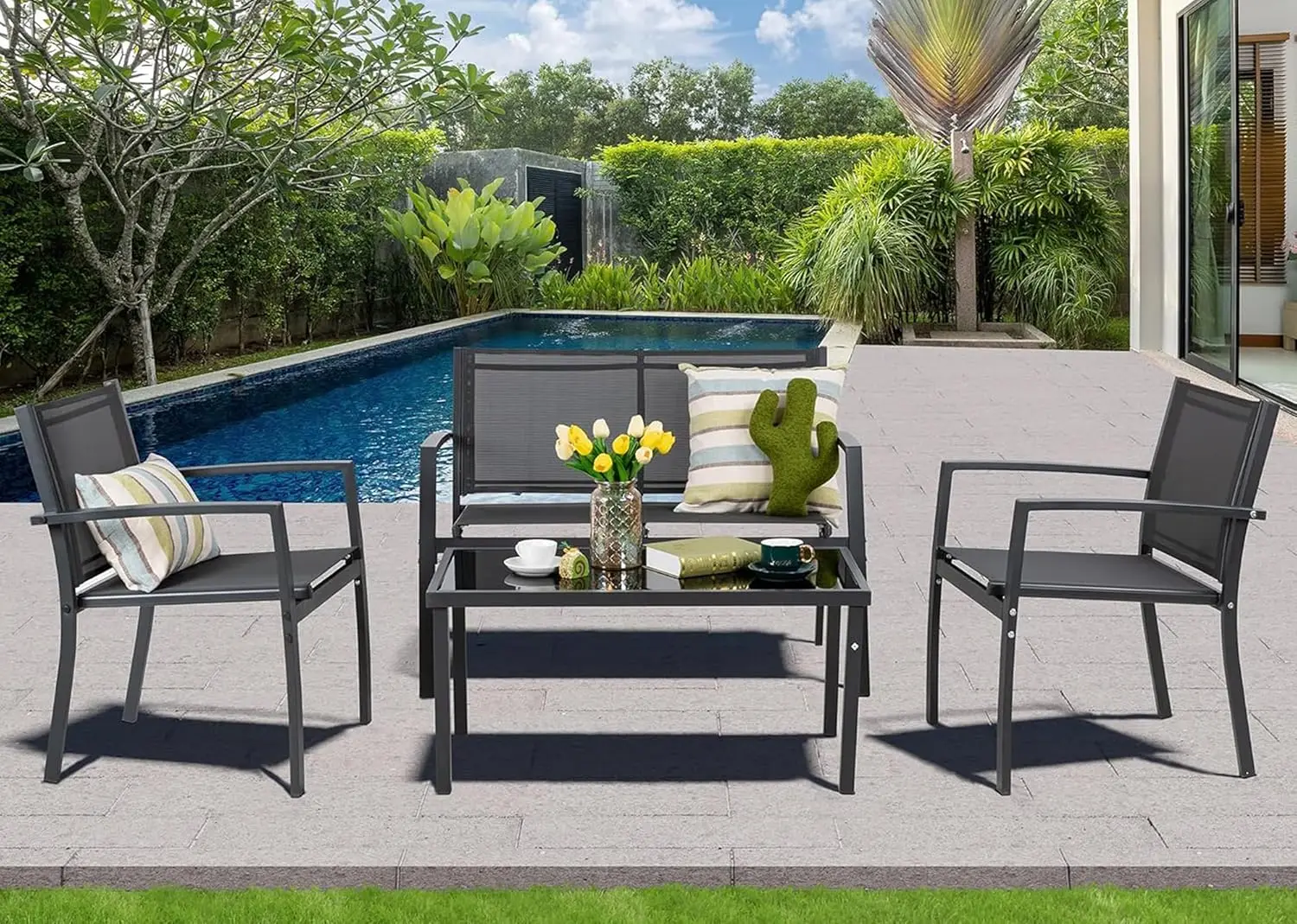 

4-Piece Textilene Metal Patio Furniture, Modern Conversation Set with Loveseat Tea Table for Backyard Porch Lawn Balcony Grey