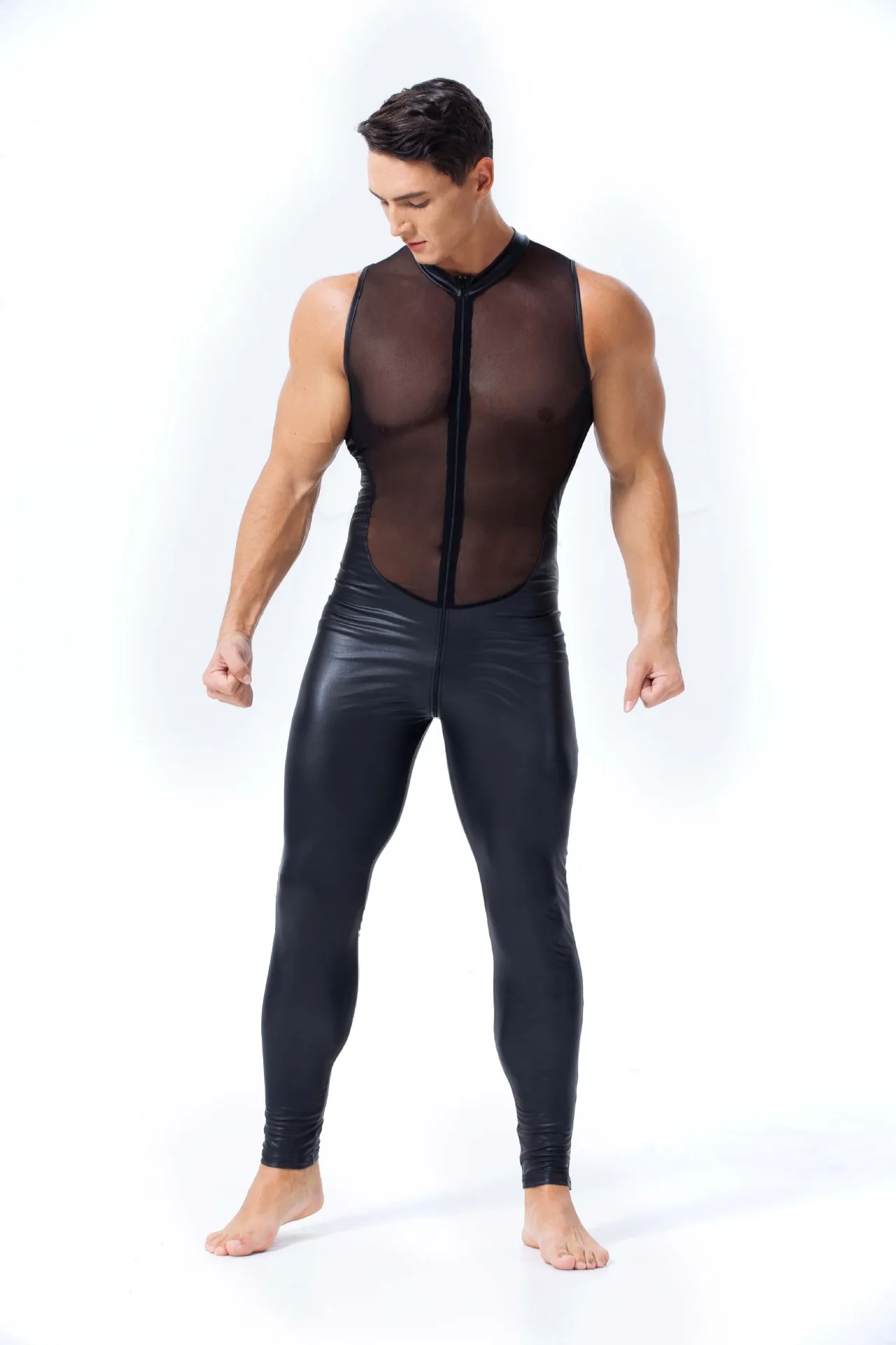 Macacão de couro sintético para homens, Wetlook, envernizado, malha, erótico, fetiche, látex brilhante, sexy, bodysuit fino, boate, fantasia de festa