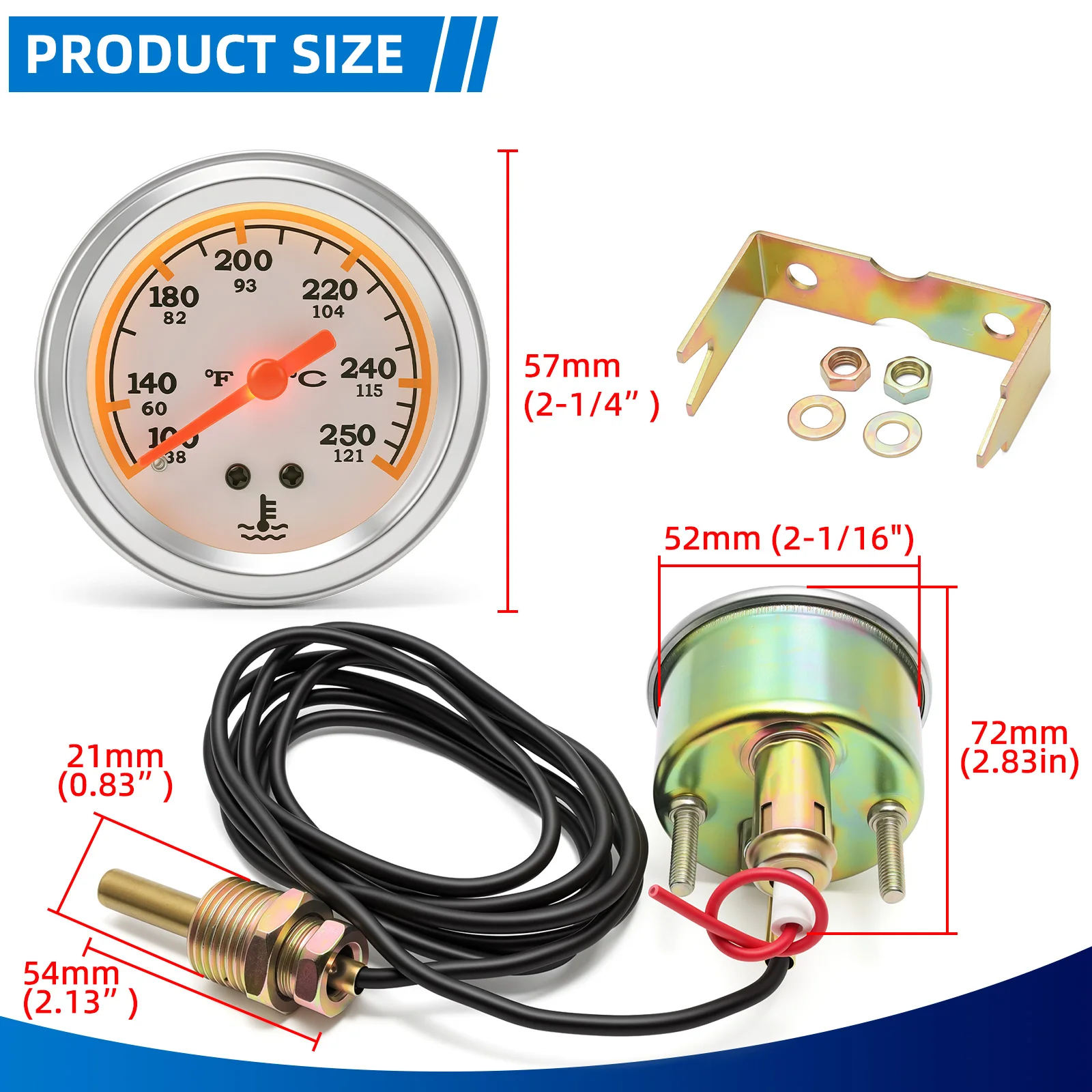 2 Inch 52MM Mechanical Water Temperature Gauge  38-121℃/100-250℉ Pointers Dual Scale Meter  With Sensor NPT 1/2 Thread  for 12V