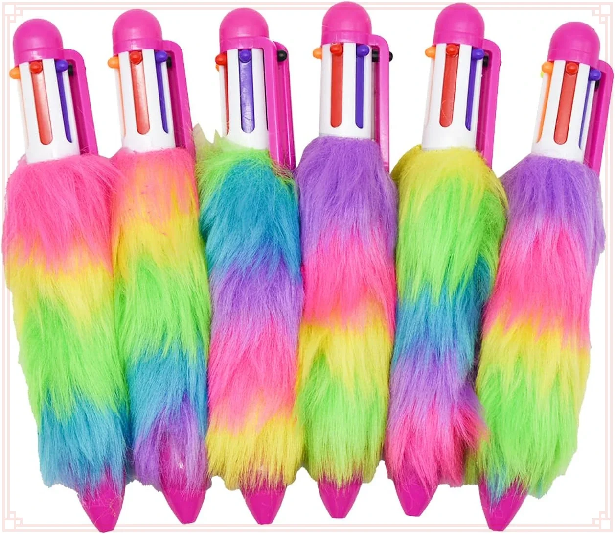 24 Pcs Wholesale 6 Colors Fluffy Retractable Shuttle Rainbow Plush Ballpoint Pens for Students Stationery Writing Supplies