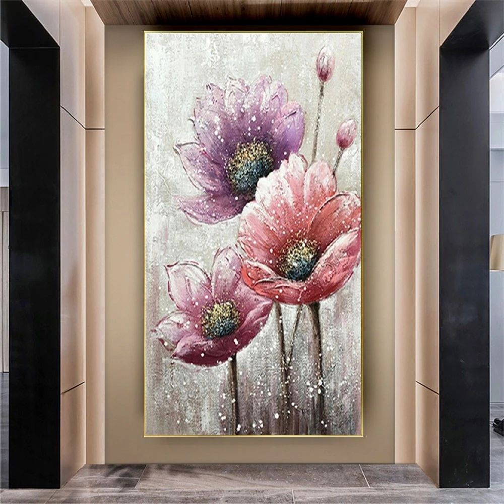 

New Handmade Canvas Poster Lotus Flower Oil Painting Pink Gold Wall Art Picture Modern Floral Mural For Home Decor Live Artwork