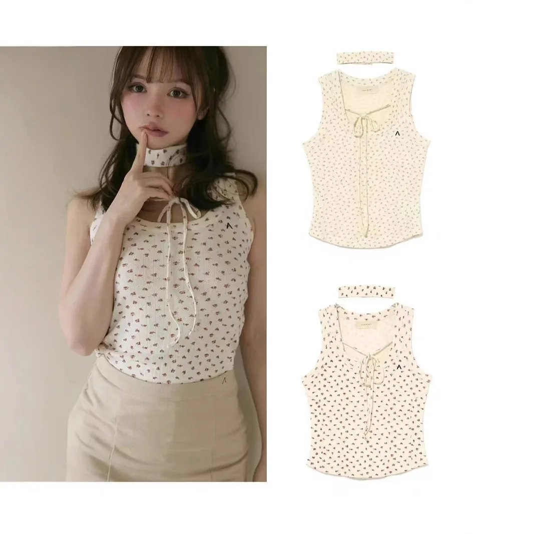 Summer Japanese Lace-up Floral Crew Neck Stretch Print Low-neck Vest Kawaii Girls Clothing Youth Girls Fashion Summer Halter Top