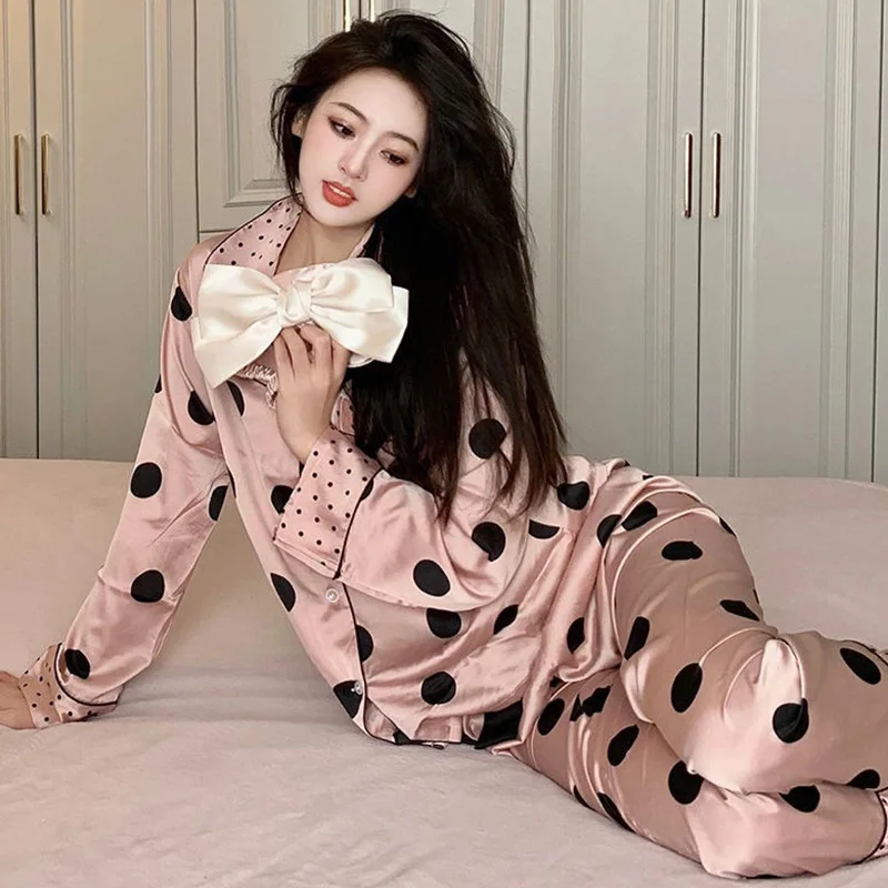 Women\'s Pajamas Set Spring Autumn 2 Piece Polka Dot Print Pyjama Faux Silk Satin Sleepwear Long Sleeve Pijama Mujer Pjs Homewear