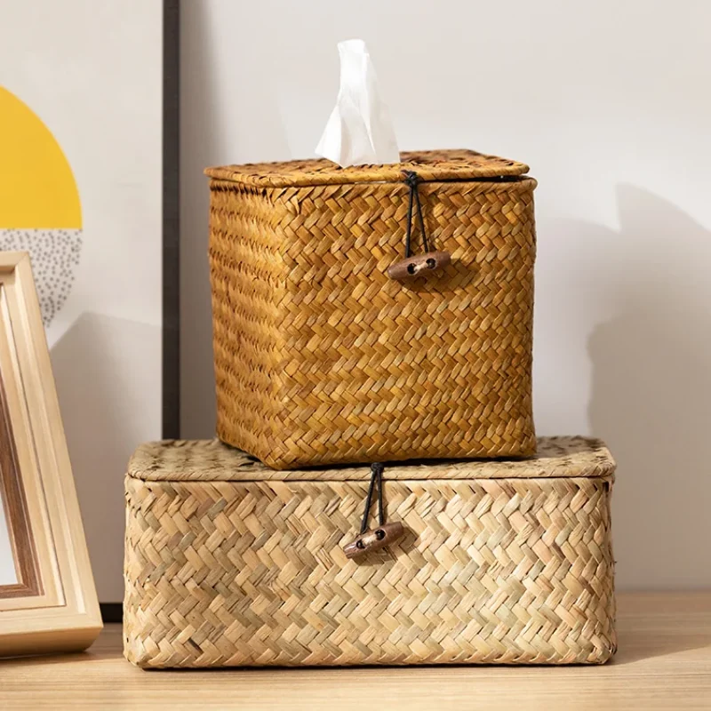 Handmade Woven Rattan Tissue Box Straw Napkin Holder Box Roll Paper Tray Car Living Room Storage Box Home Decor