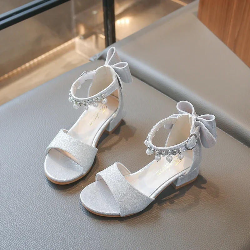 Children's Fashionable Open-Toe Sandals Rhinestone Bow Performance Shoes for Girls Ages 3–18 High-heeled Shoes for Kids Sandals