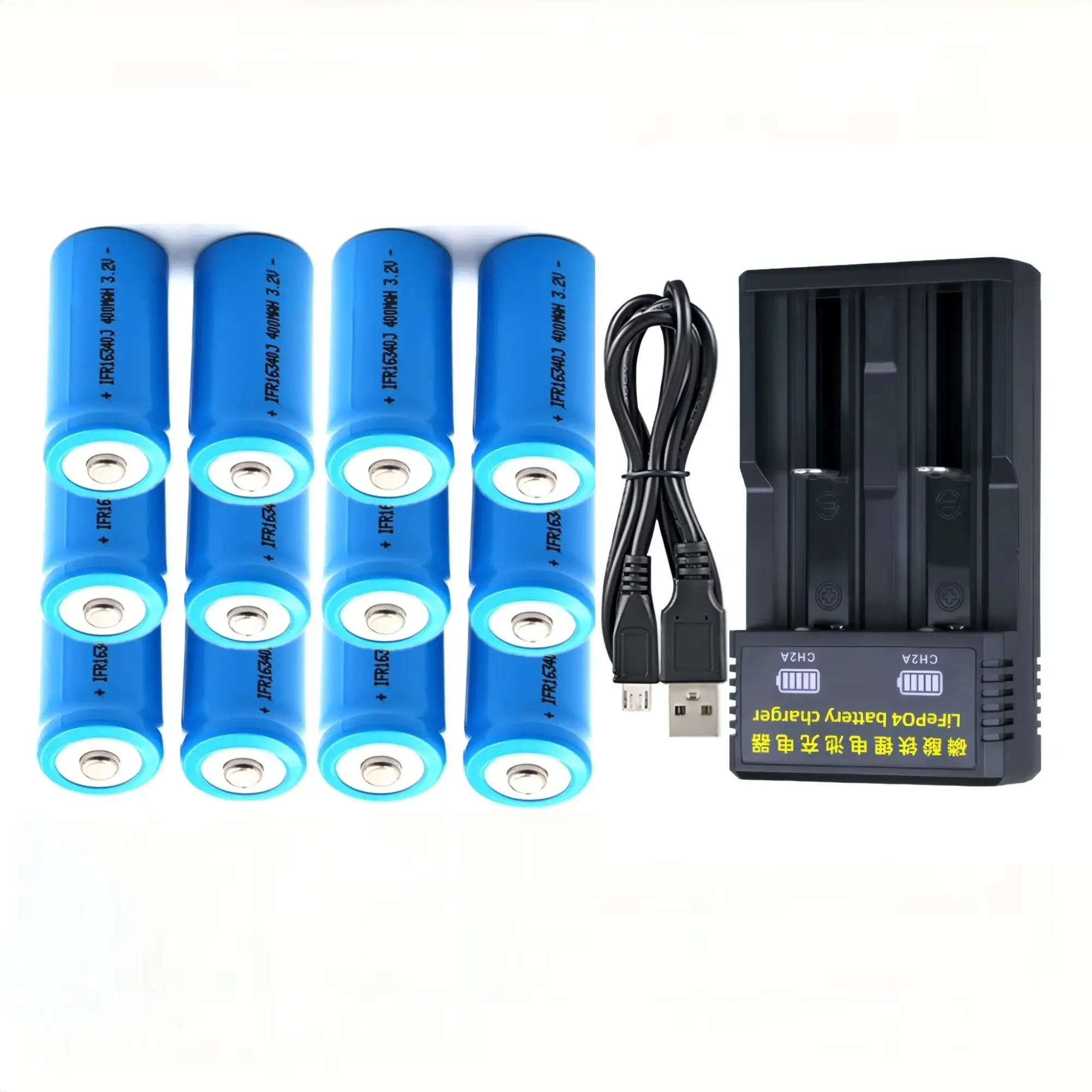 

12PCS 16340 LiFePO4 Battery 3.2V 400mAh CR123A Charger for Camera Smoke alarm Walkie talkie Flash lights Blood glucose meter