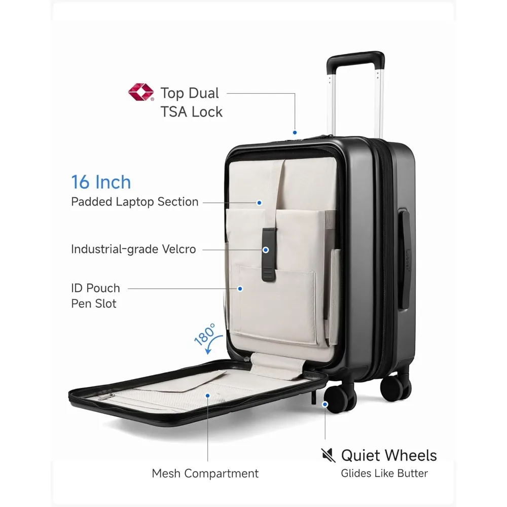 Expandable Polycarbonate Hard Shell Luggage Set, 2 Piece with Front Pocket, Black, 20 and 28 Inch Travel Suitcases