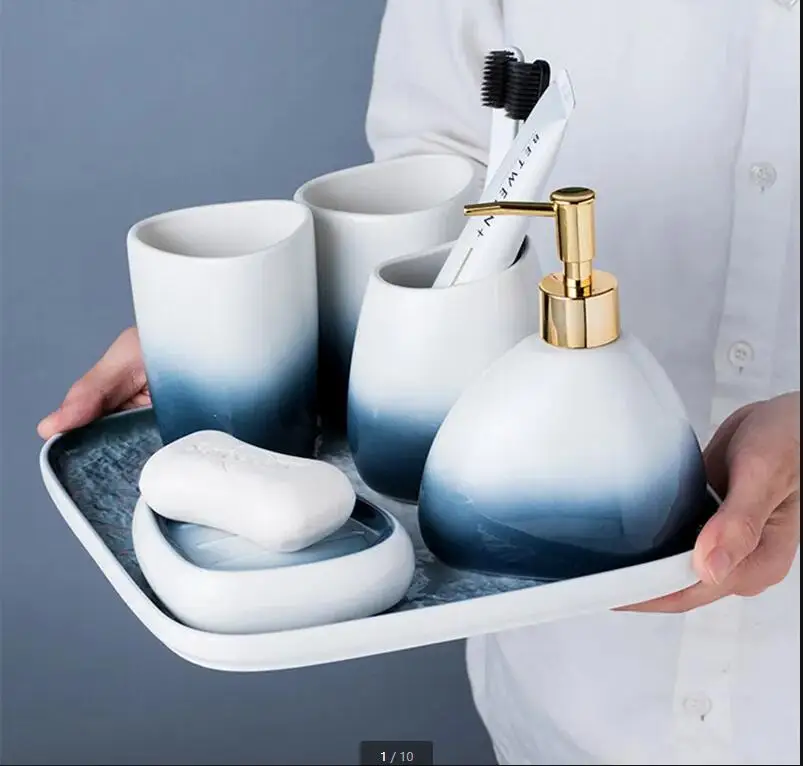 Gradient Ceramic Toiletry Kit Home Couple Mouthwash Cup Set Soap Dispenser and Dish Combination Bathroom Accessory