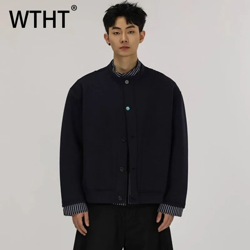 WTHT Trendy Men‘s Spliced Striped Fake Two-pieve Design Coats Fashion 2025 Autumn Stand Collar Jackets Male 2025 Autumn 2A2021
