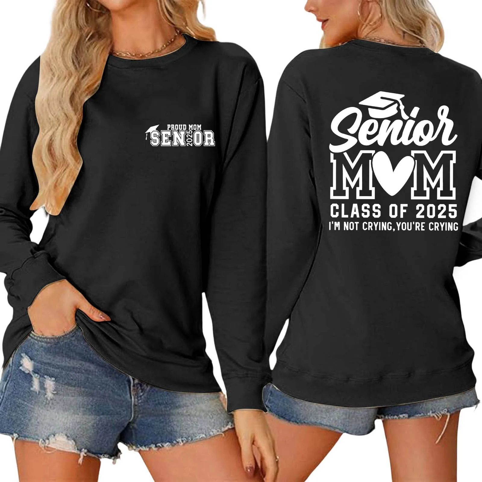 Senior Mom 2025 Graduation Sweatshirt Back To School Anime Round Neck Long Sleeve Hoodies Y2k Hoodless Pullover Sweatshirt