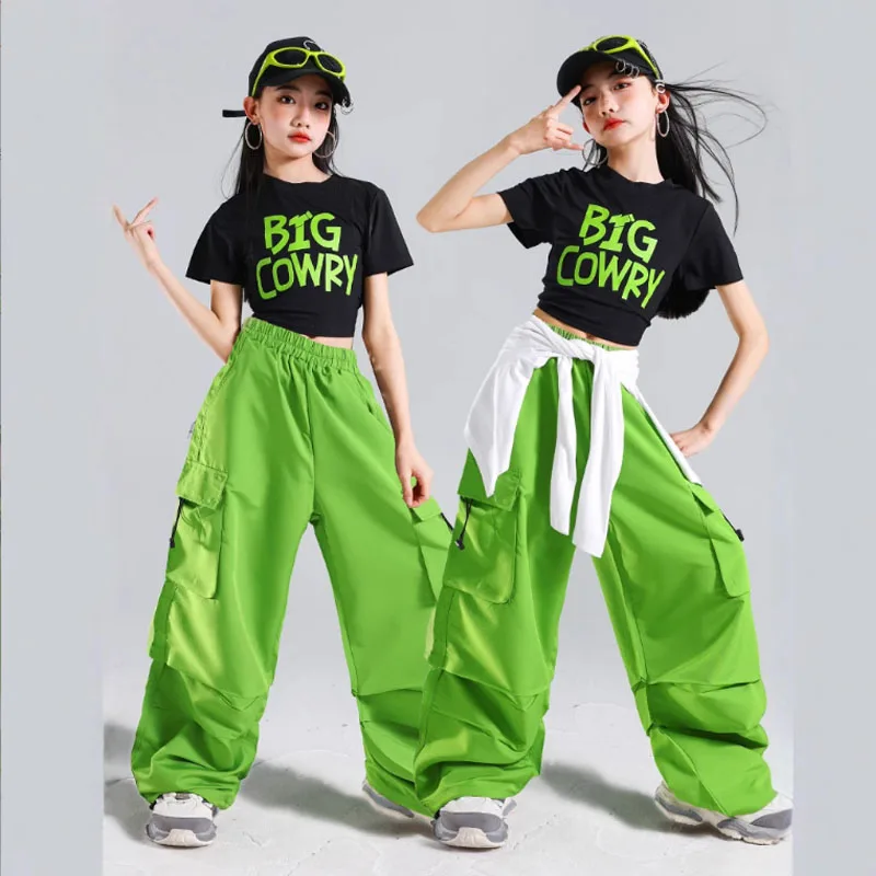 Tops cortos K-pop para niñas, pantalones para correr verdes, trajes de baile callejero de Hip Hop para niños, ropa de calle para niños, conjuntos de ropa de Jazz para grupo de niñas