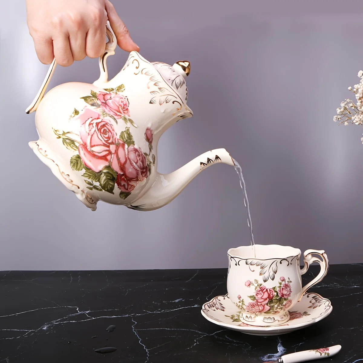 Rose Ceramic Teapot / Cup Saucer - Gold Trim Coffee Pot - Elegant Afternoon Tea Gift