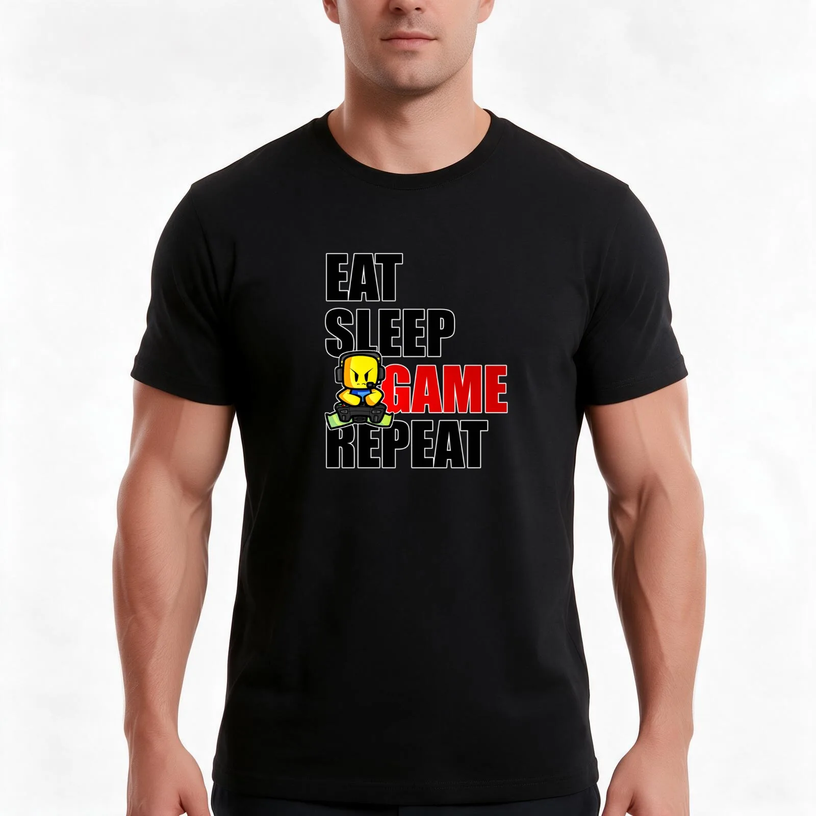 Cute Gaming Noob - Eat Sleep Game Repeat T-Shirt, Summer Casual Cotton Tee, Oversized Streetwear Tops, Vintage Graphic Print