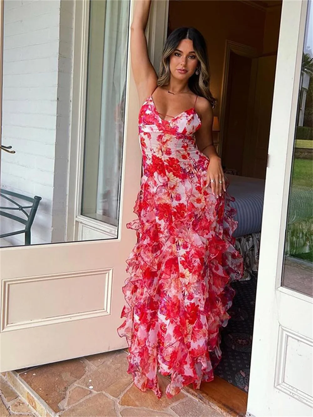 EINY 쉬폰 프린트 프릴 슬립 드레스 여성 섹시한 Strapless 민소매 Backless 분할 파티 이브닝 드레스 세련된 숙녀 드레스 y2k Traf