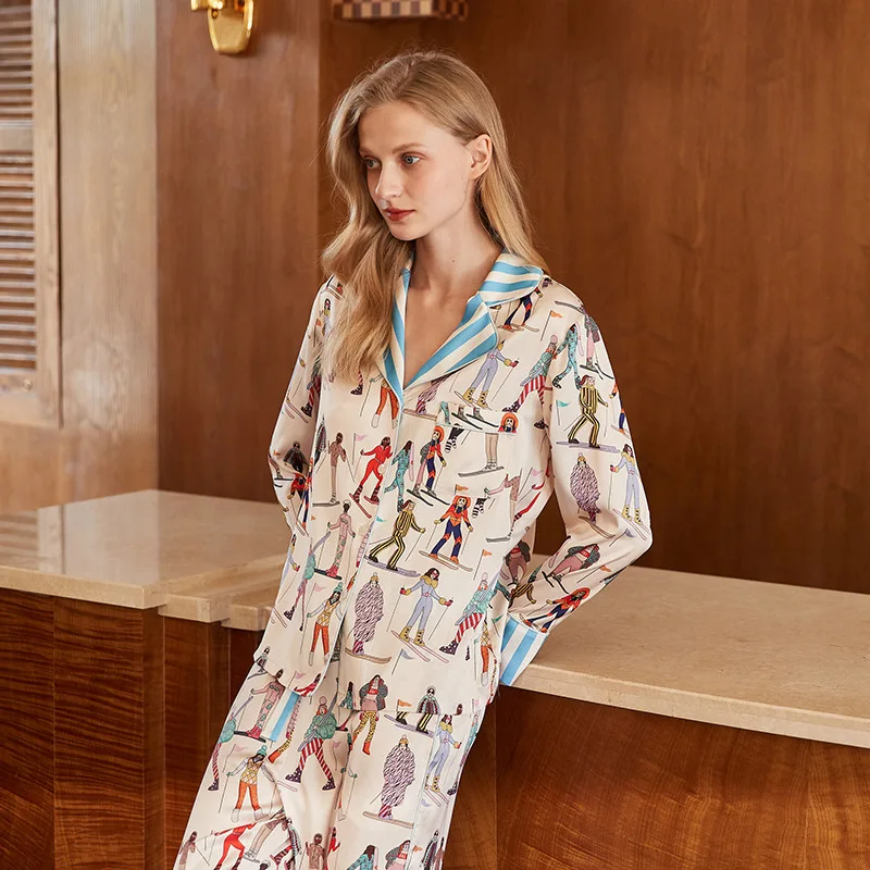 New 2024 Skiing Print Funny Women\'s Pajamas Set Silk Like Thin Two Pieces Long Sleeve Full Length Pants Trousers Sleepwear 39931