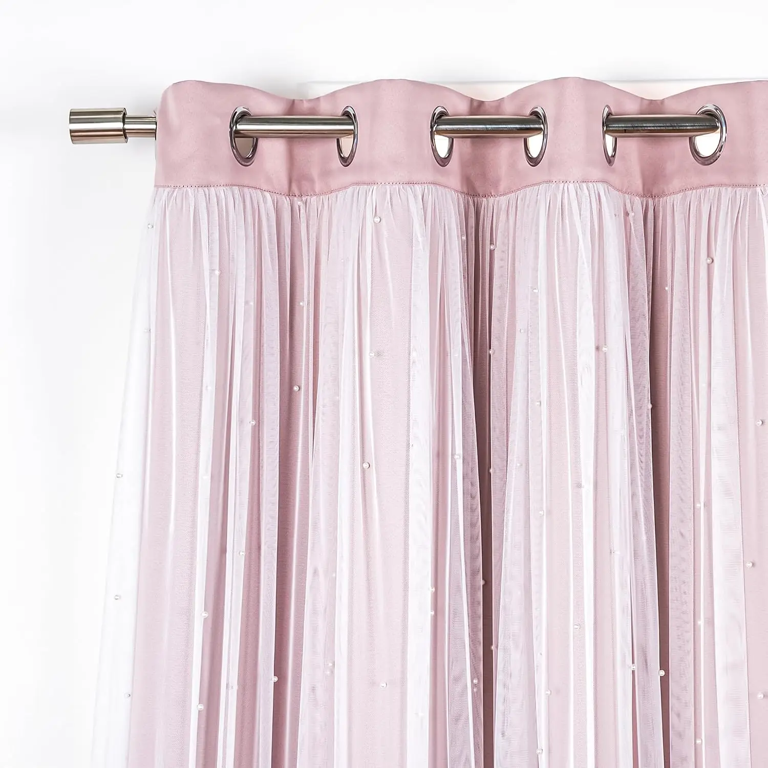 Pearl Bead Lace Blackout Curtain Set, Vintage Crochet Trim Window Drapes with Beaded Fringe, 100% Blackout Room Darkening Curtains for Bedroom Living Room New
