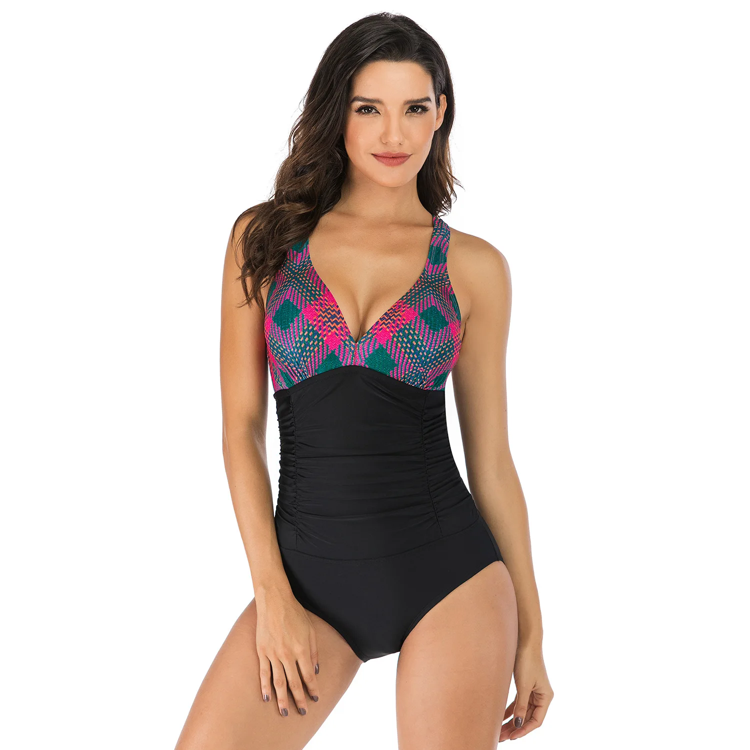 Traje de baño Spot para mujer, traje de baño de una pieza con estampado de cuadros rojo rosa, traje de baño de una pieza conservador Sexy con estampado de medio cuerpo para mujer