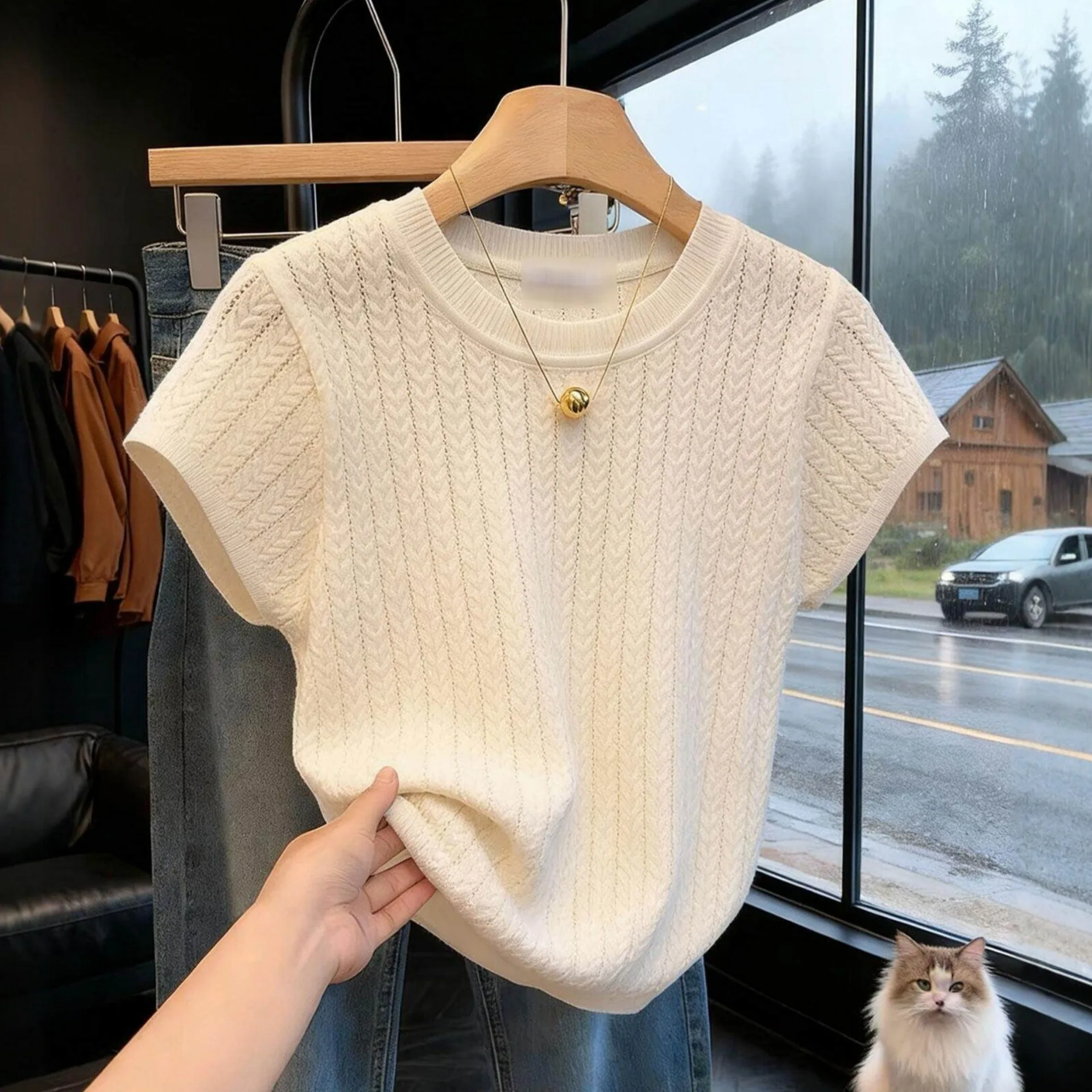 

Elegant Hollow out Knitted Ice Silk Short Sleeve T-Shirt Spring Summer New Style Slimming Top Casual Regular Fit Polyester Blend