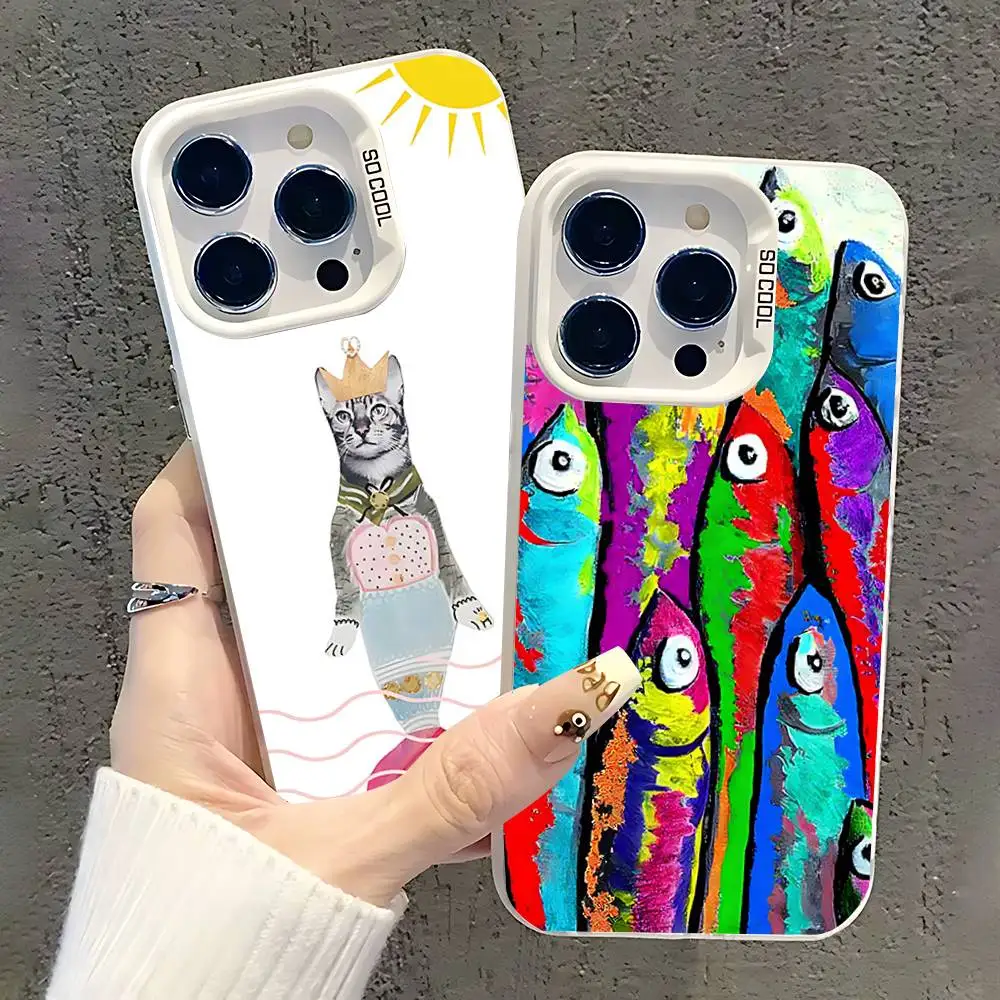 

Color Fish Painting FUNNY Phone Case For iPhone 17,16,15,14,13,12,11,Pro,XS,Max,Plus,Mini,SE White Candy Matte Shockproof Cover