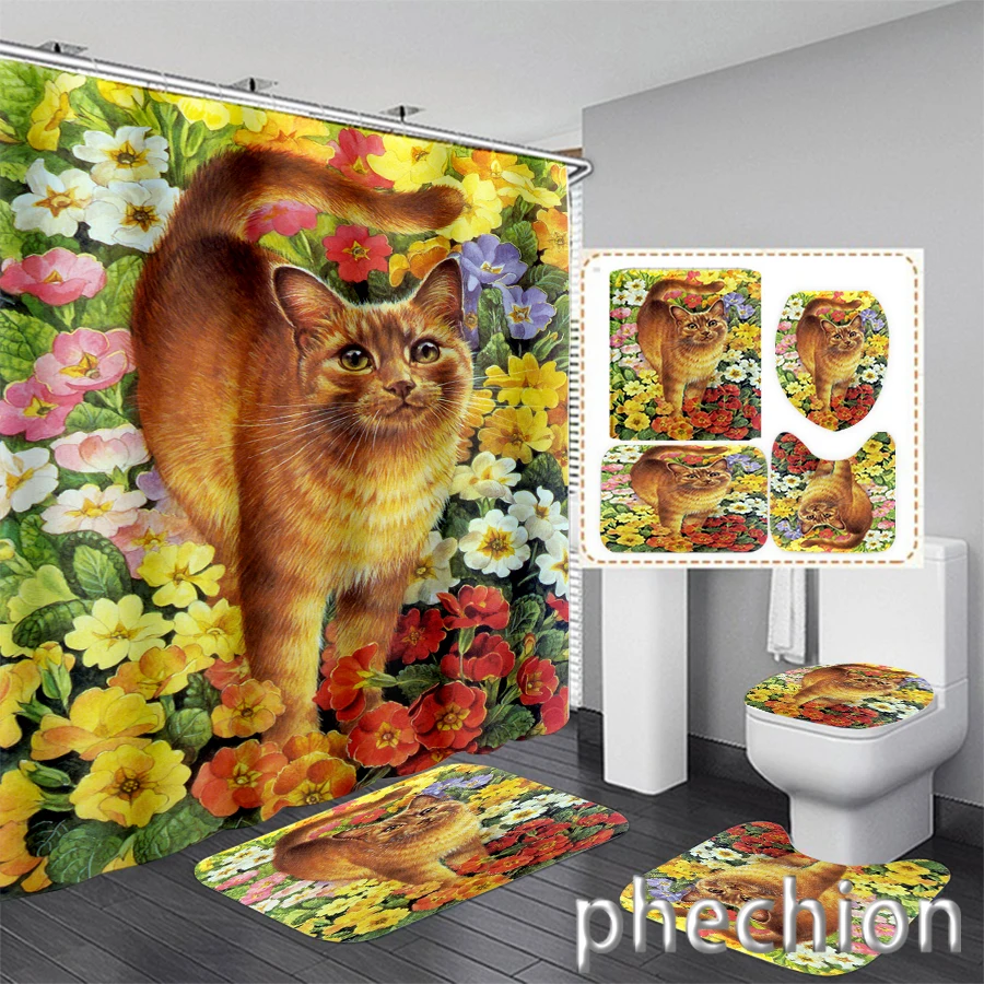 New 3D Print Cat Shower Curtain Waterproof Bathroom Curtain Anti-slip Bath Mat Set Toilet Rugs Carpet VR46