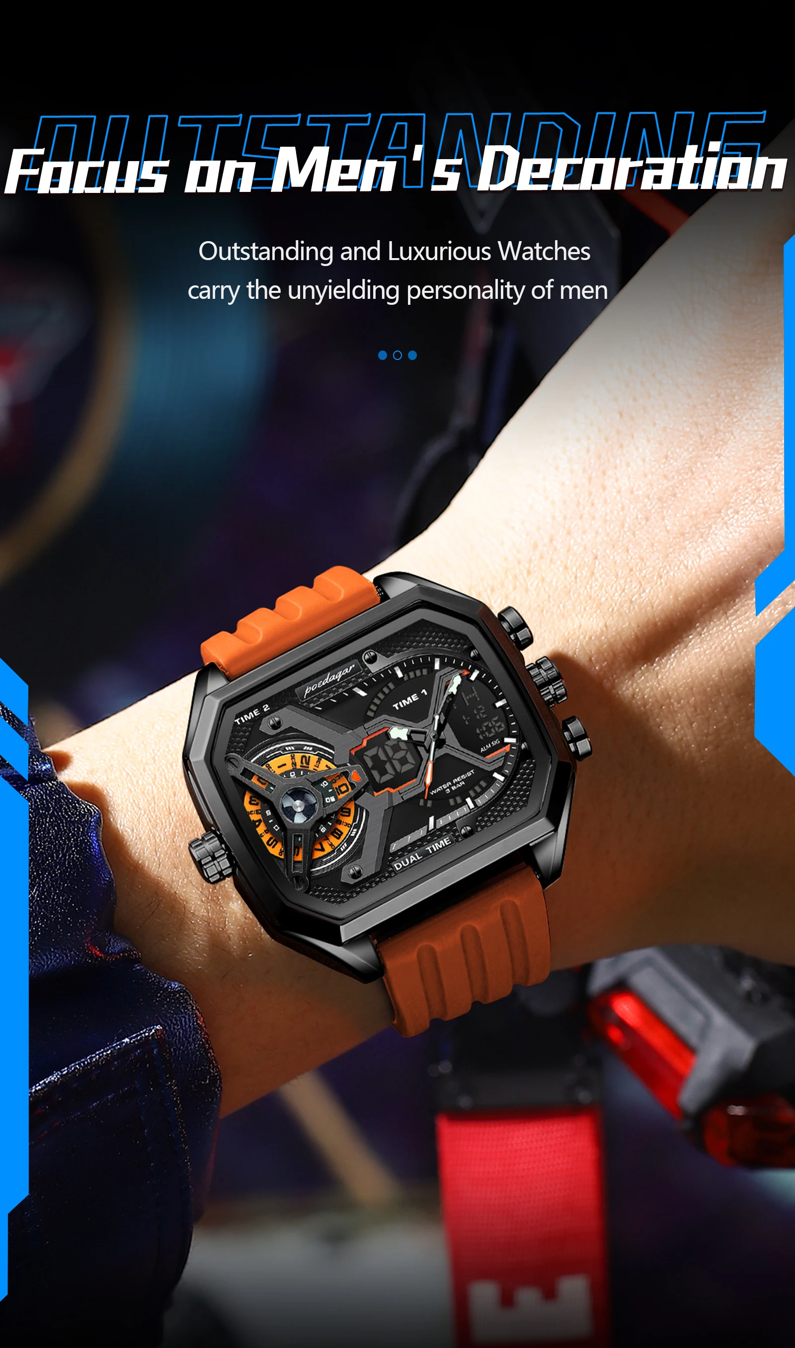 POEDAGAR Sport Männer Armbanduhren Datum Woche Leuchtende LED Mode Mann Uhr Silikon Armband Elektronische Dual Time Quarz herren Uhr – Detail 12