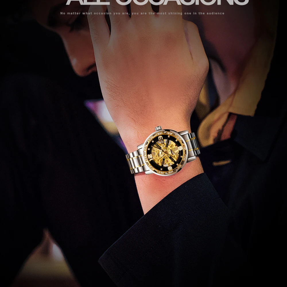 FORSINING Fashion Engraving Luxury Mens Watches Skeleton Mechanical Rhinestone Luminous Pointers Steel Business Man Wristwatches