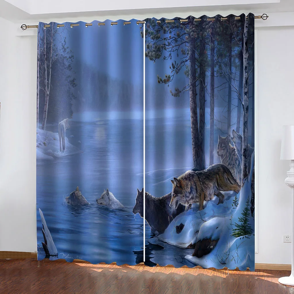 

HUANZHUANG Curtains Eyelet Top 2 Panels for Living Room/Door/Bedroom/Sets of Drop, Animal Wolf In Glacier And Snow Forest