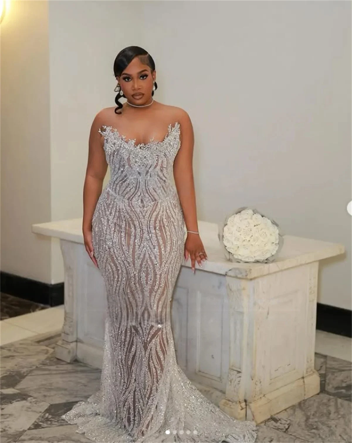 

Silver Long Prom Dresses For Black Girls Sheer Beaded Sparkly Birthday Party Dresses African Evening Gown Robe De 2026Customized