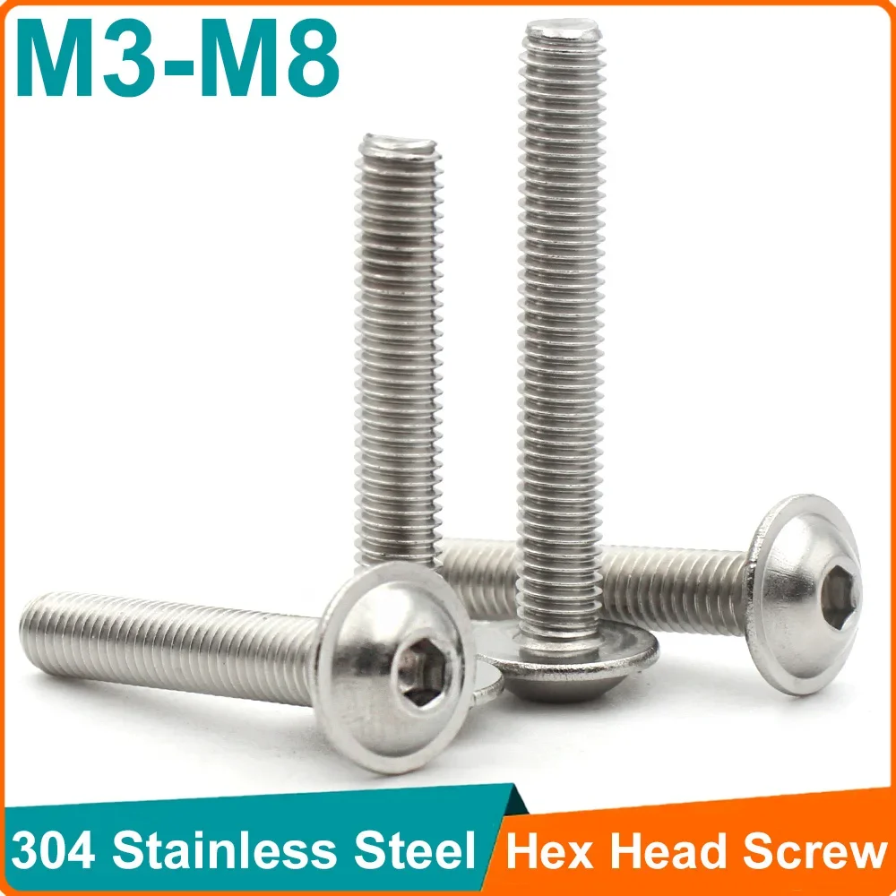 50-1pcs Flanged Screws M3 M4 M5 M6 M8 304 Stainless Steel Half Round Button Flange Head with Washer Hex Socket Screw ISO7380.2