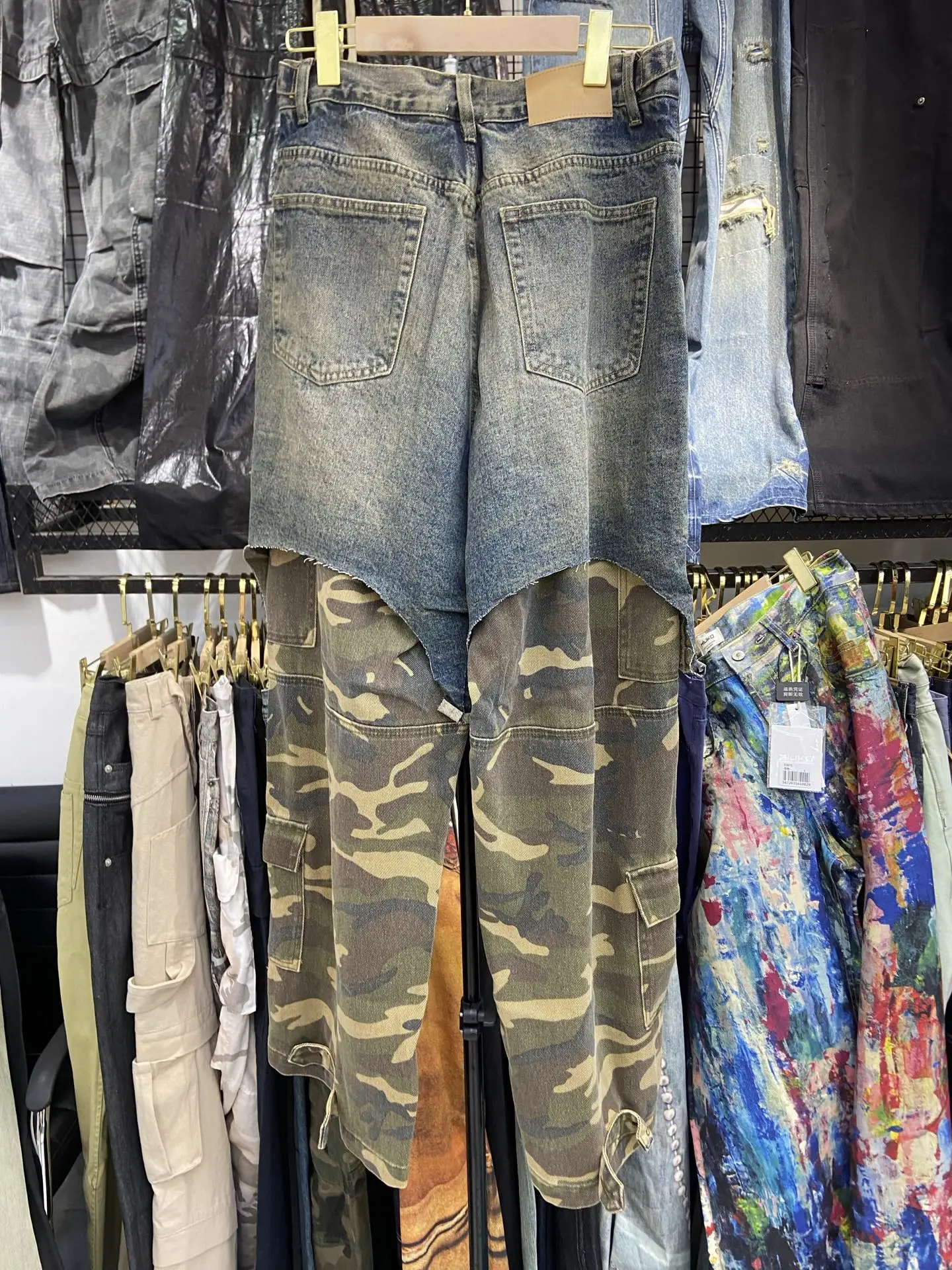 

Retro Paris Sle Camouflage Patchwork Fake Two-Piece Loose Wide Leg Workwear Jeans Casual Youth Denim Pants Autumn Trend